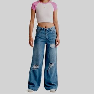 Almost Famous Wide Leg High Rise Distressed Jeans Juniors Size 9